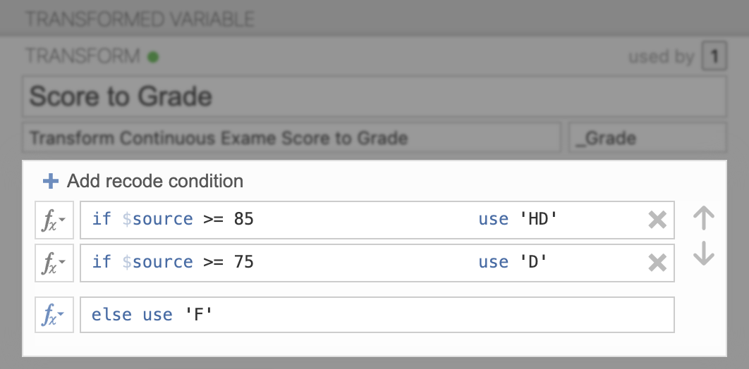 Recoding a variable using conditions in the variable editor.