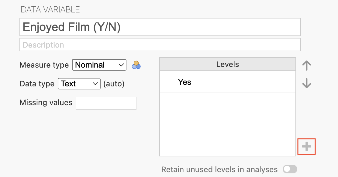 The variable editor showing the plus button to add an unused level.