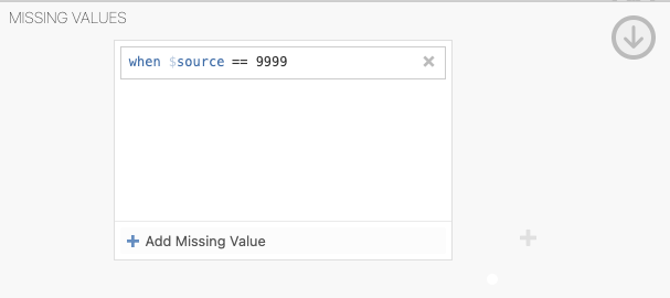 The variable editor in jamovi showing a missing value rule set to == 9999.