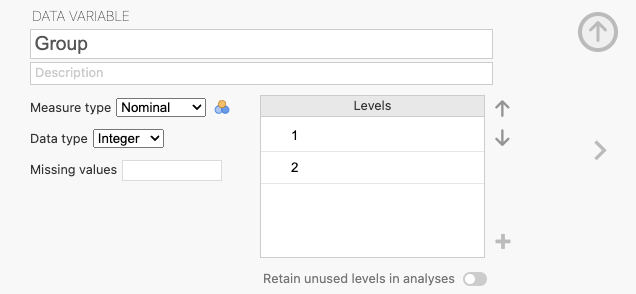 The variable editor showing unlabeled levels 1 and 2.