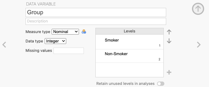 The variable editor after assigning labels Smoker and Non-smoker.