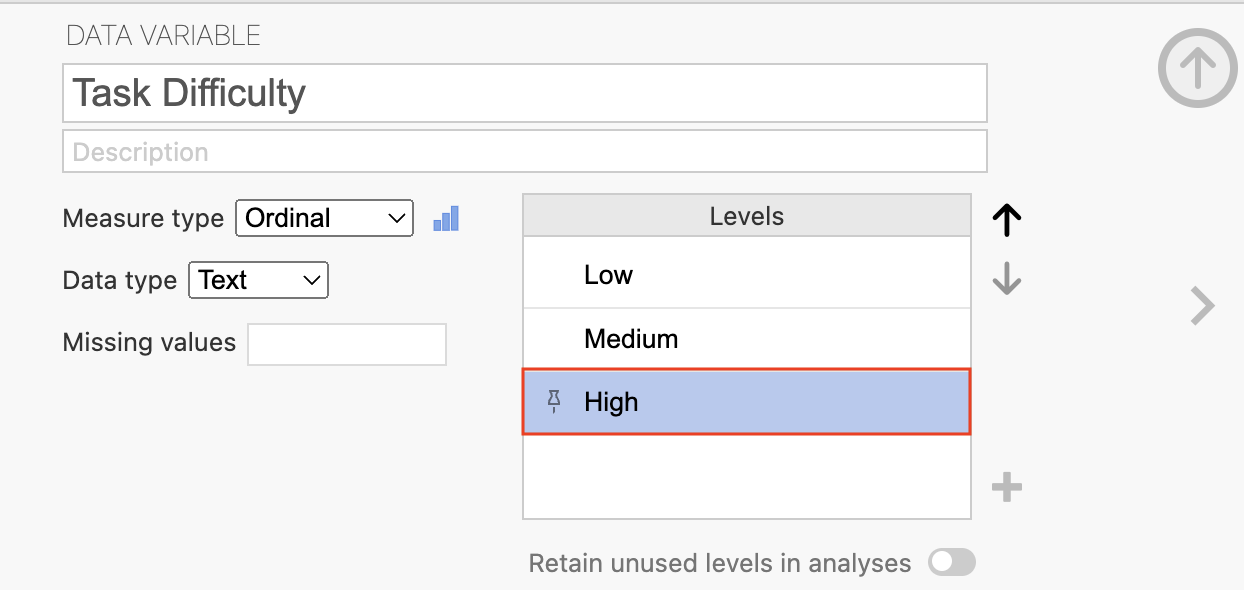 The variable editor showing levels reordered to Low, Medium, High.