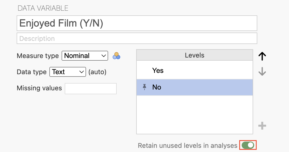 The variable editor with the Retain unused levels in analyses toggle enabled.
