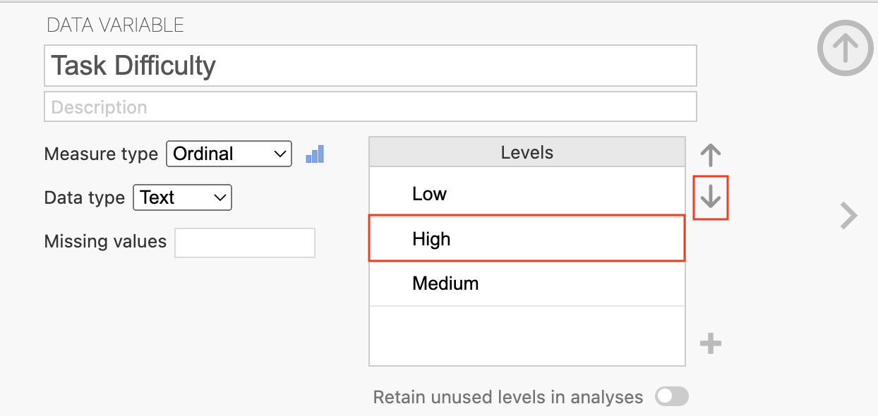 The variable editor showing levels in the unintuitive order Low, High, Medium.