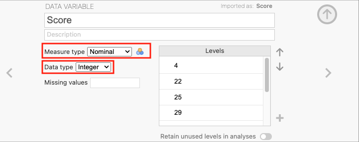 The variable editor in jamovi showing incorrect measure and data types.