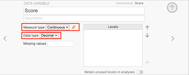 The variable editor in jamovi after correcting the measure and data types.